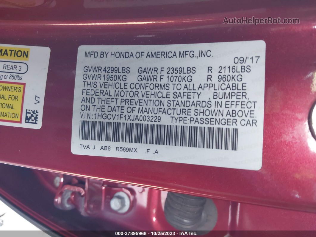 2018 Honda Accord Sedan Lx 1.5t Red vin: 1HGCV1F1XJA003229