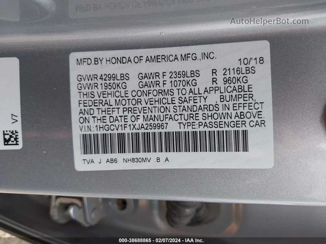 2018 Honda Accord Lx Silver vin: 1HGCV1F1XJA259967