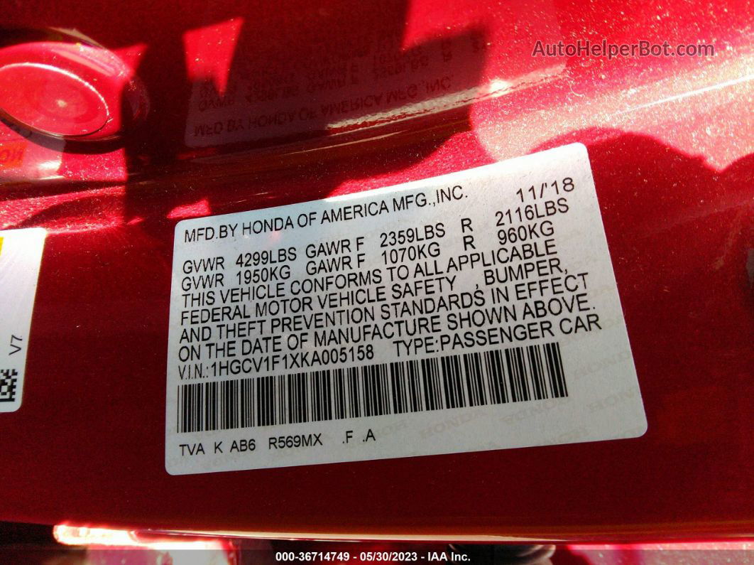 2019 Honda Accord Lx Красный vin: 1HGCV1F1XKA005158