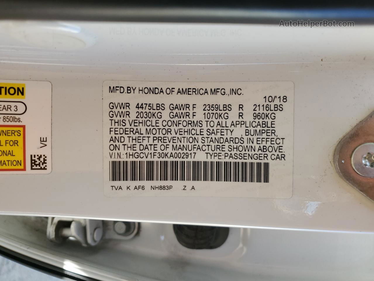 2019 Honda Accord Sport White vin: 1HGCV1F30KA002917