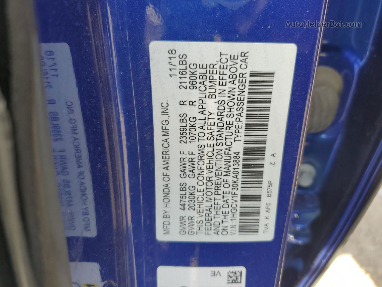 2019 Honda Accord Sport Blue vin: 1HGCV1F30KA013884