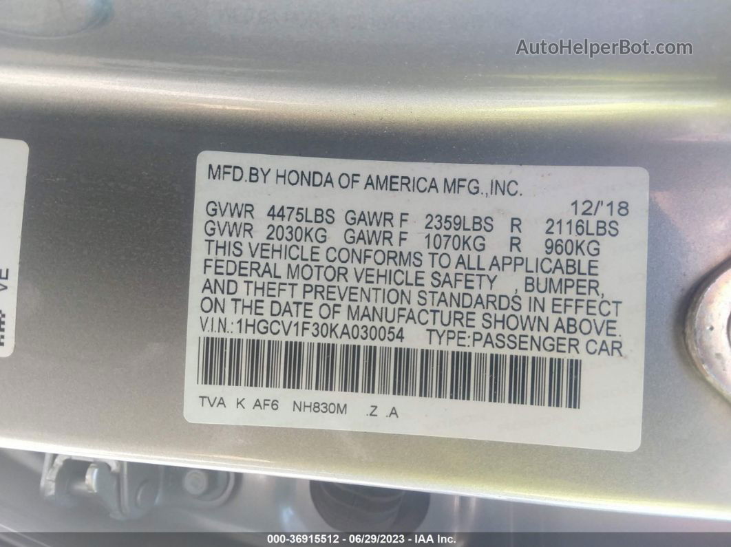 2019 Honda Accord Sedan Sport 1.5t Silver vin: 1HGCV1F30KA030054