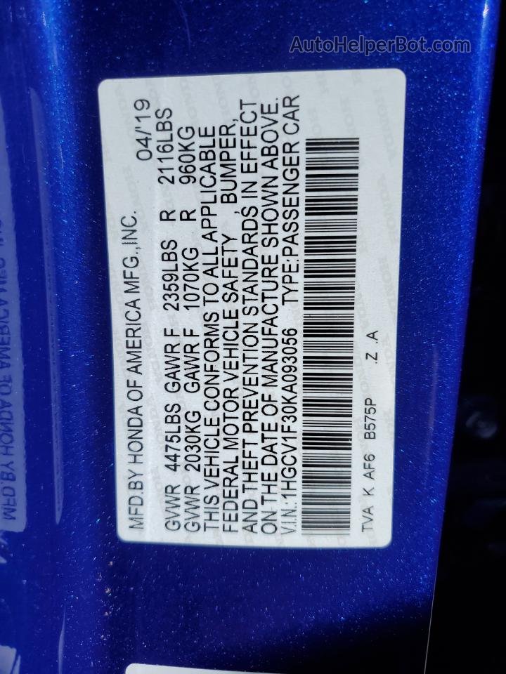 2019 Honda Accord Sport Blue vin: 1HGCV1F30KA093056