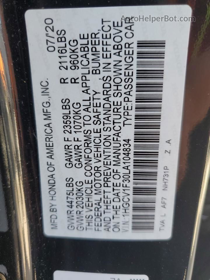 2020 Honda Accord Sport Черный vin: 1HGCV1F30LA104834