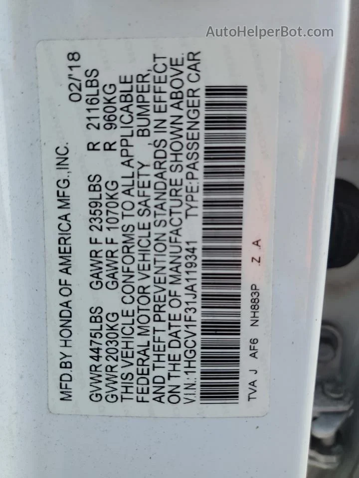 2018 Honda Accord Sport White vin: 1HGCV1F31JA119341