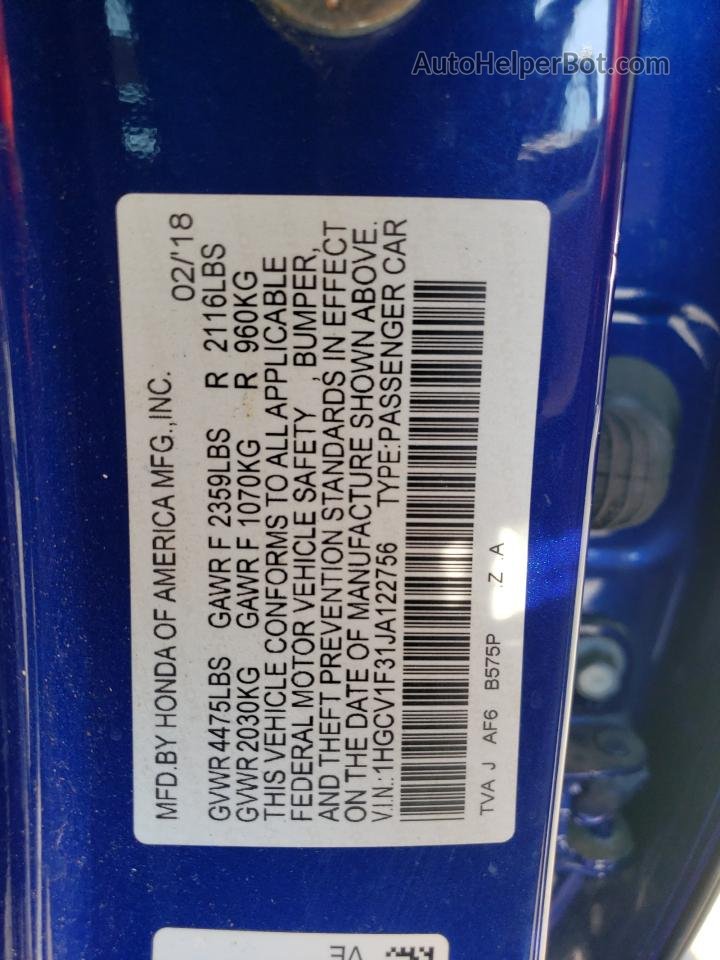 2018 Honda Accord Sport Blue vin: 1HGCV1F31JA122756