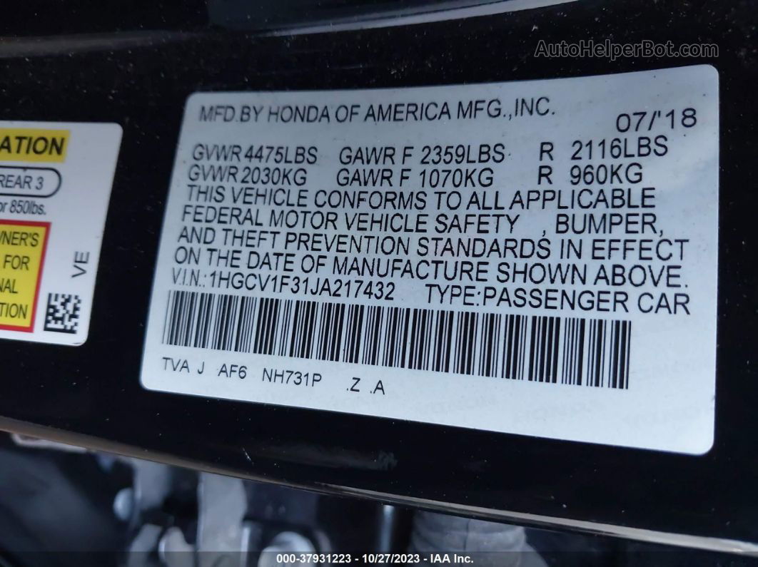 2018 Honda Accord Sport Black vin: 1HGCV1F31JA217432
