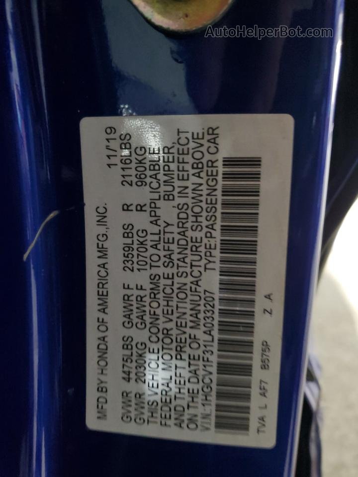 2020 Honda Accord Sport Синий vin: 1HGCV1F31LA033207
