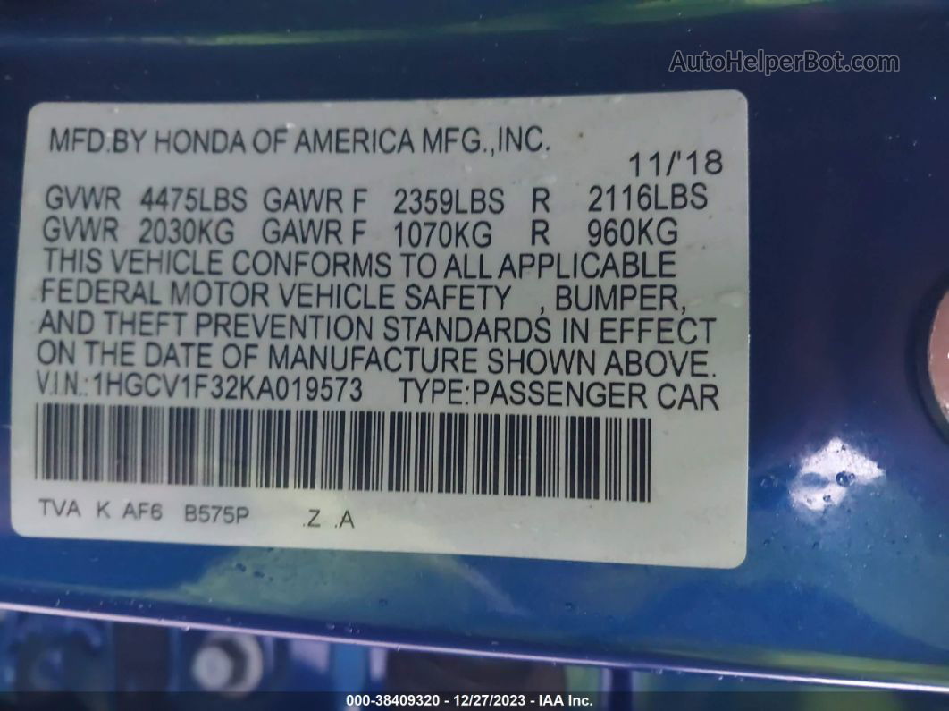 2019 Honda Accord Sport Blue vin: 1HGCV1F32KA019573