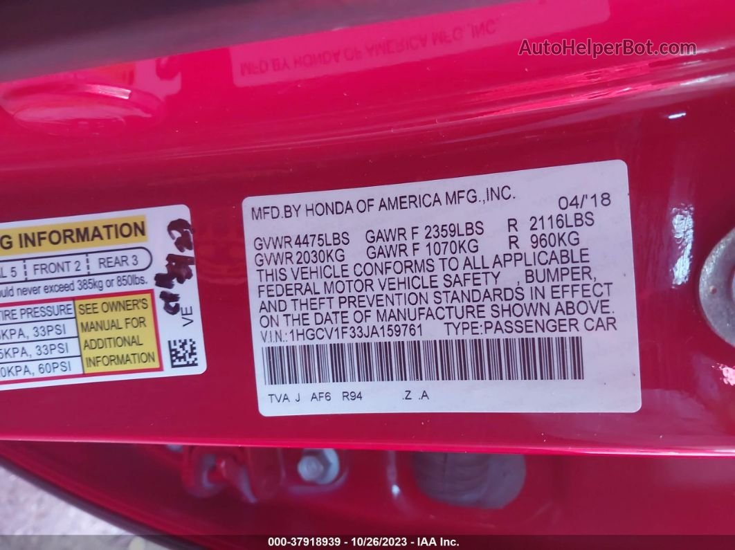 2018 Honda Accord Sport Red vin: 1HGCV1F33JA159761