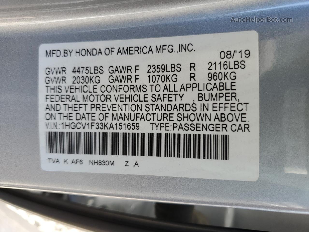 2019 Honda Accord Sport Silver vin: 1HGCV1F33KA151659