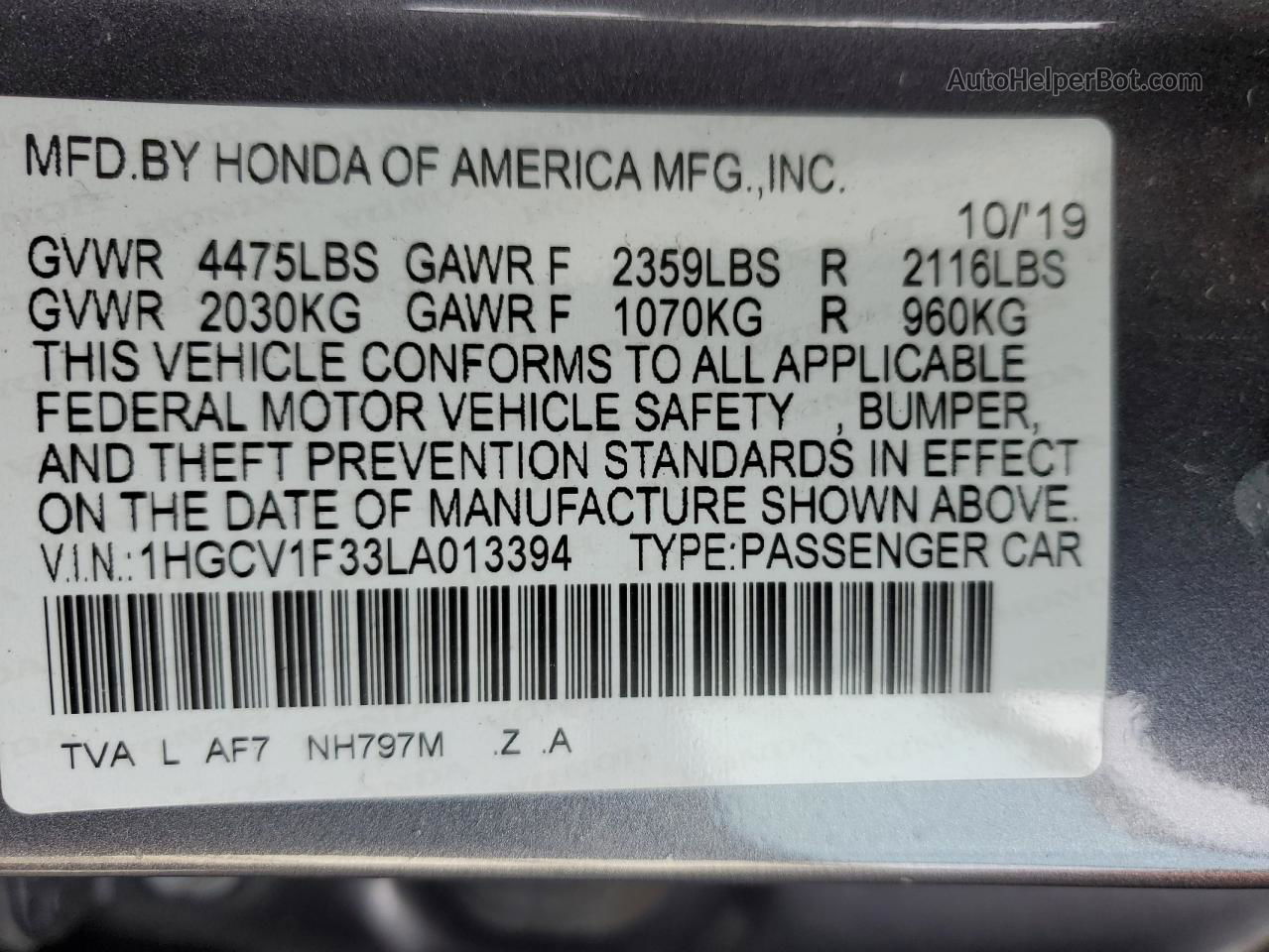 2020 Honda Accord Sport Gray vin: 1HGCV1F33LA013394