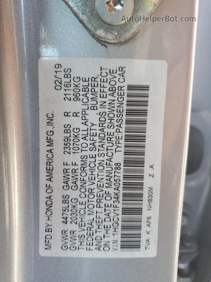 2019 Honda Accord Sport Silver vin: 1HGCV1F34KA057788