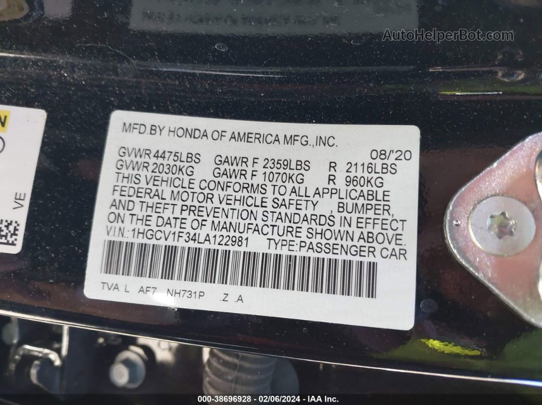 2020 Honda Accord Sport Черный vin: 1HGCV1F34LA122981
