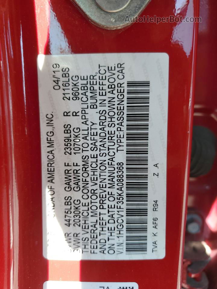 2019 Honda Accord Sport Red vin: 1HGCV1F35KA088368