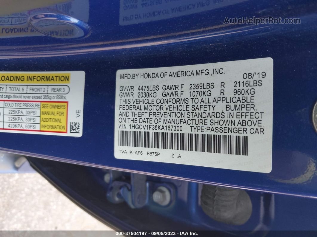 2019 Honda Accord Sedan Sport 1.5t Синий vin: 1HGCV1F35KA167300