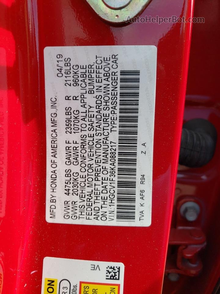 2019 Honda Accord Sport Red vin: 1HGCV1F36KA088217
