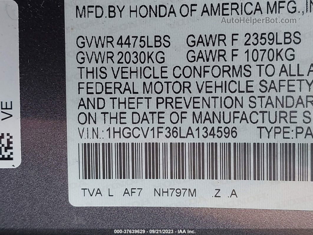 2020 Honda Accord Sport Gray vin: 1HGCV1F36LA134596