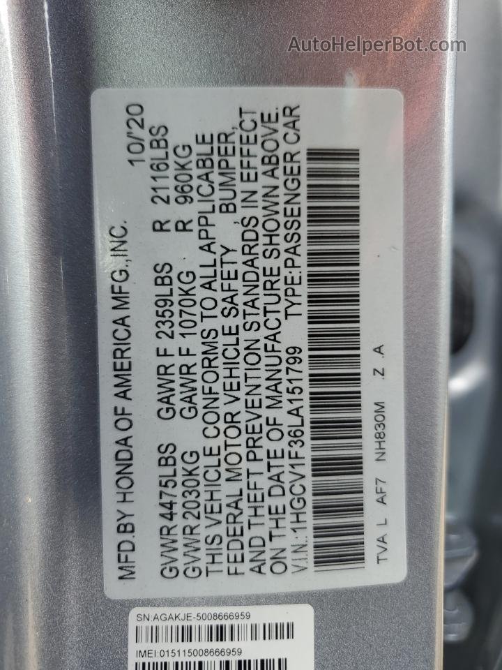 2020 Honda Accord Sport Silver vin: 1HGCV1F36LA151799