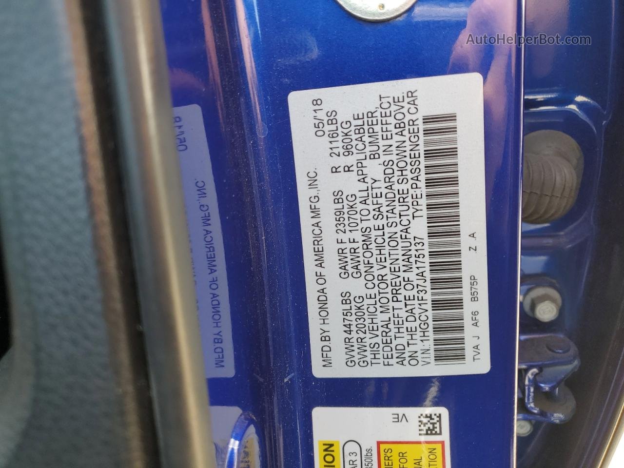 2018 Honda Accord Sport Синий vin: 1HGCV1F37JA175137