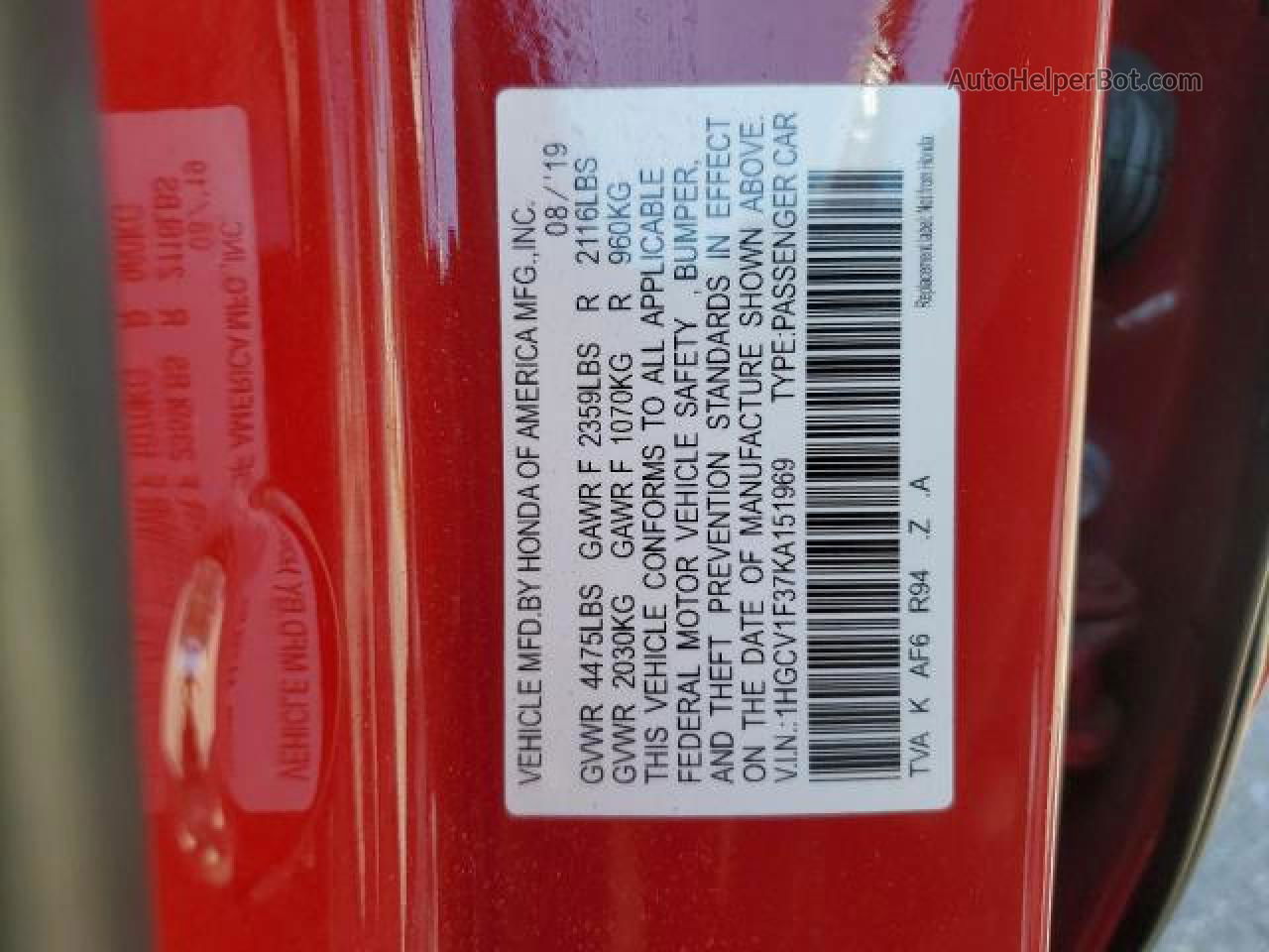2019 Honda Accord Sport Красный vin: 1HGCV1F37KA151969