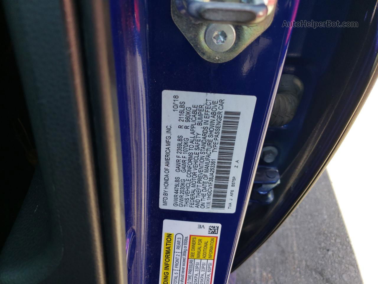 2018 Honda Accord Sport Синий vin: 1HGCV1F38JA253361