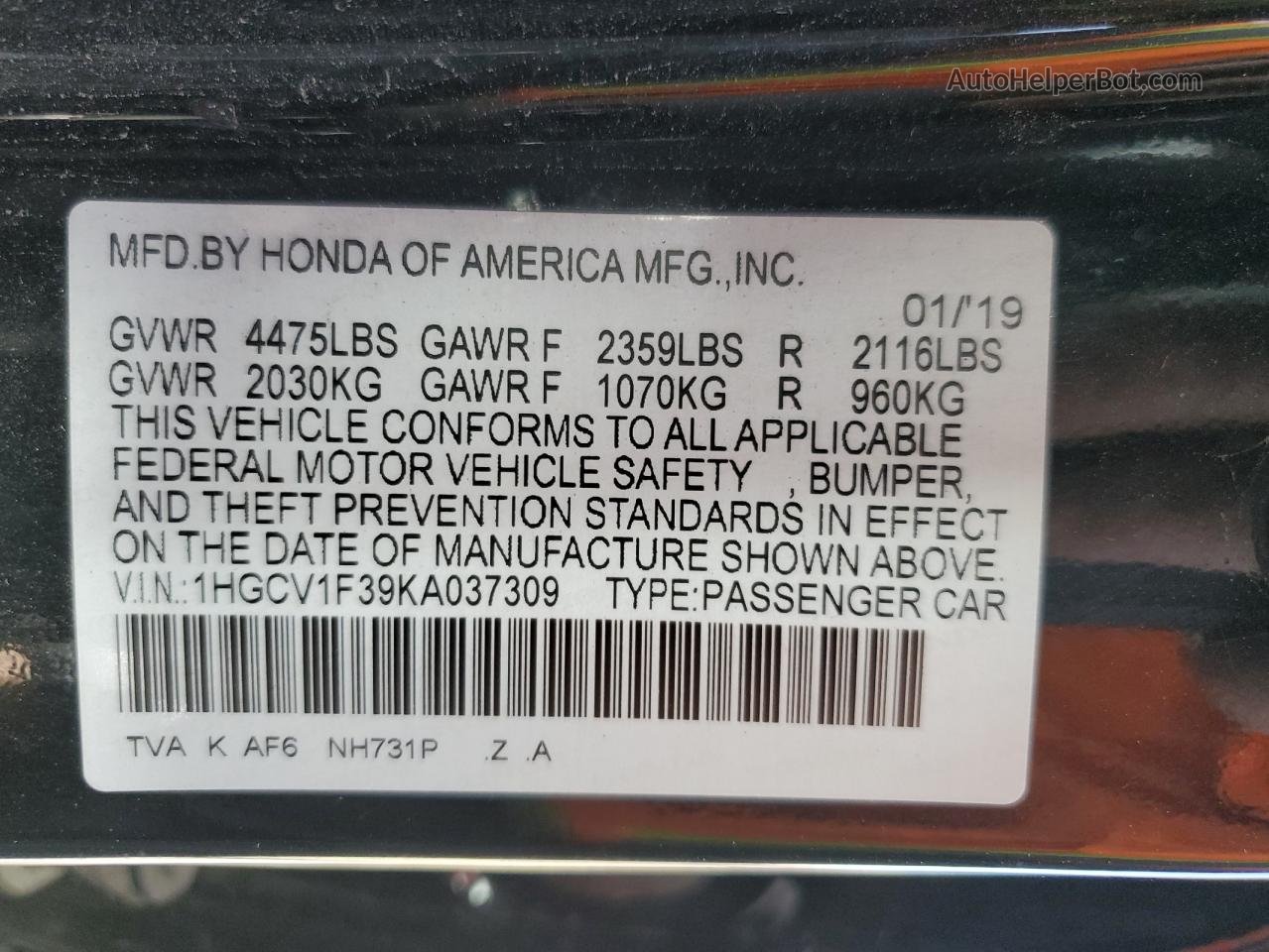 2019 Honda Accord Sport Black vin: 1HGCV1F39KA037309