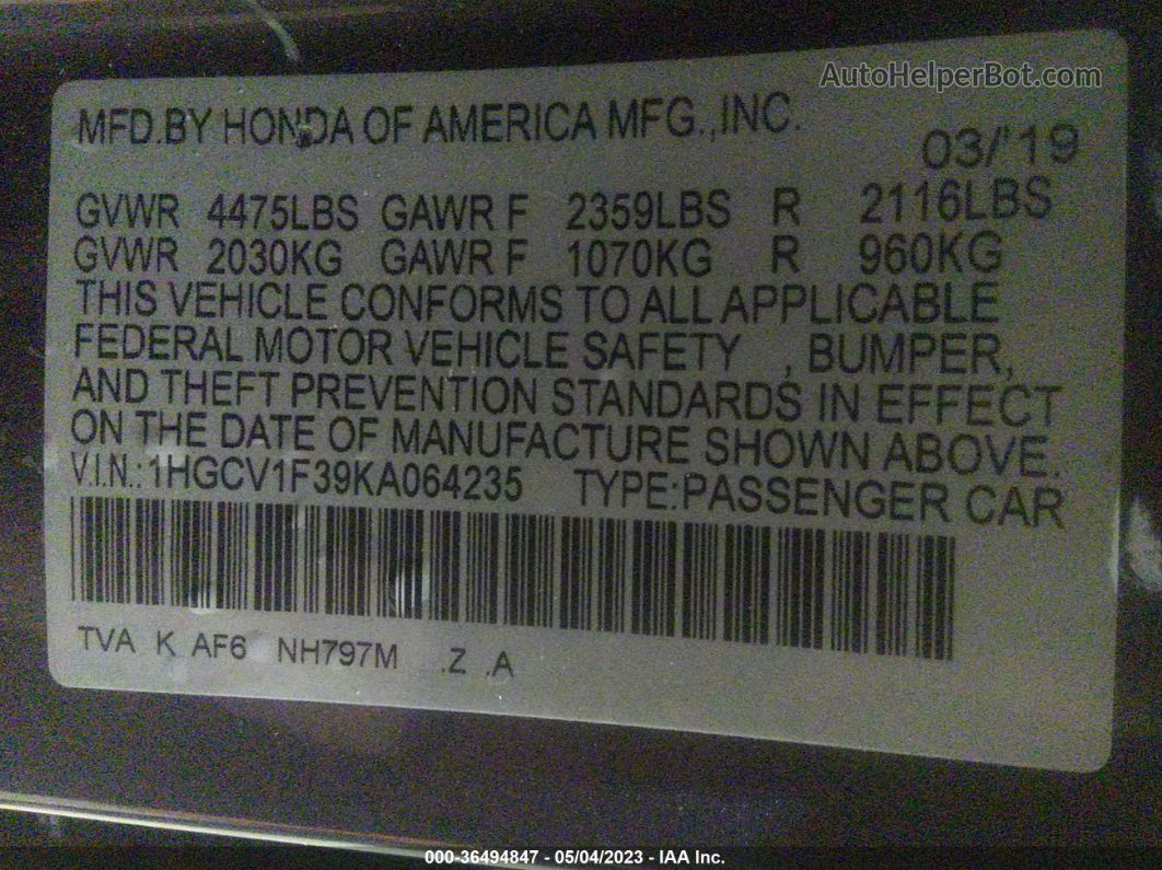 2019 Honda Accord Sedan Sport 1.5t Gray vin: 1HGCV1F39KA064235