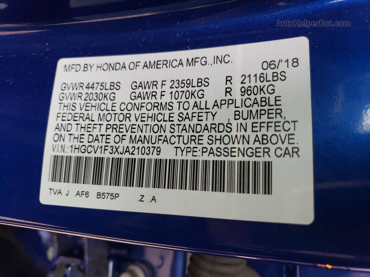 2018 Honda Accord Sport Blue vin: 1HGCV1F3XJA210379