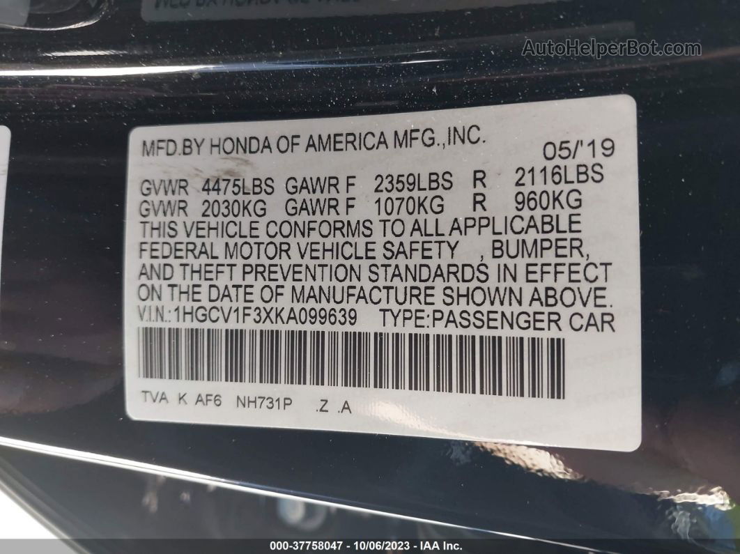 2019 Honda Accord Sedan Sport 1.5t Черный vin: 1HGCV1F3XKA099639