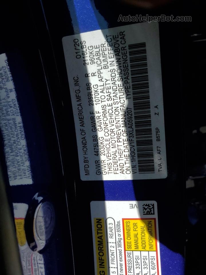 2020 Honda Accord Sport Blue vin: 1HGCV1F3XLA059207