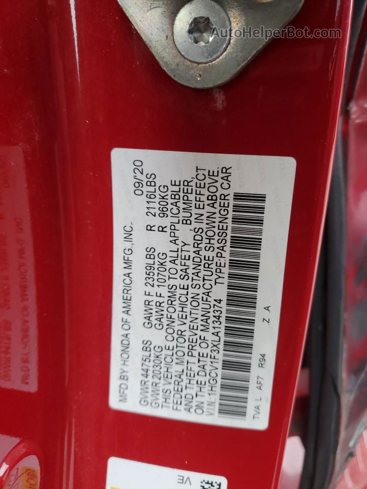 2020 Honda Accord Sport Red vin: 1HGCV1F3XLA134374