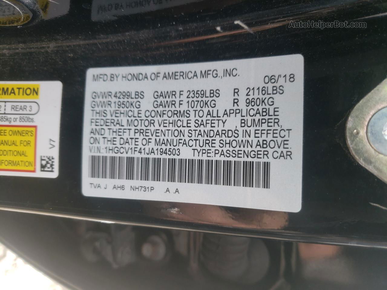 2018 Honda Accord Ex Черный vin: 1HGCV1F41JA194503
