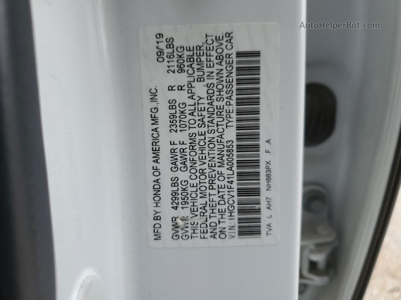 2020 Honda Accord Ex White vin: 1HGCV1F41LA005853