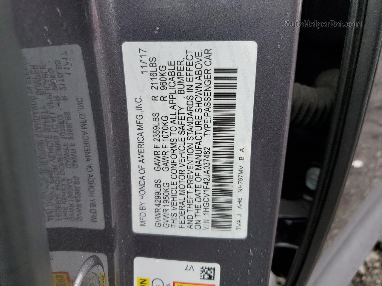 2018 Honda Accord Ex Угольный vin: 1HGCV1F42JA037482