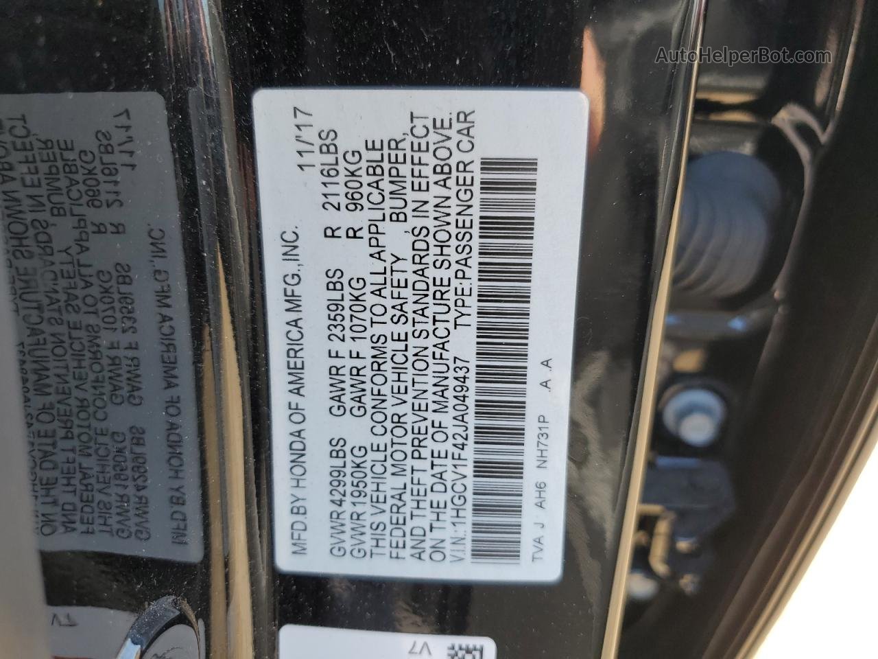 2018 Honda Accord Ex Черный vin: 1HGCV1F42JA049437