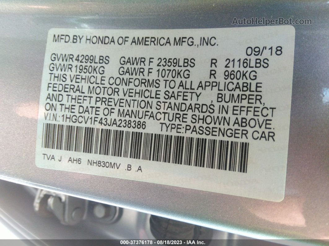 2018 Honda Accord Sedan Ex 1.5t Silver vin: 1HGCV1F43JA238386