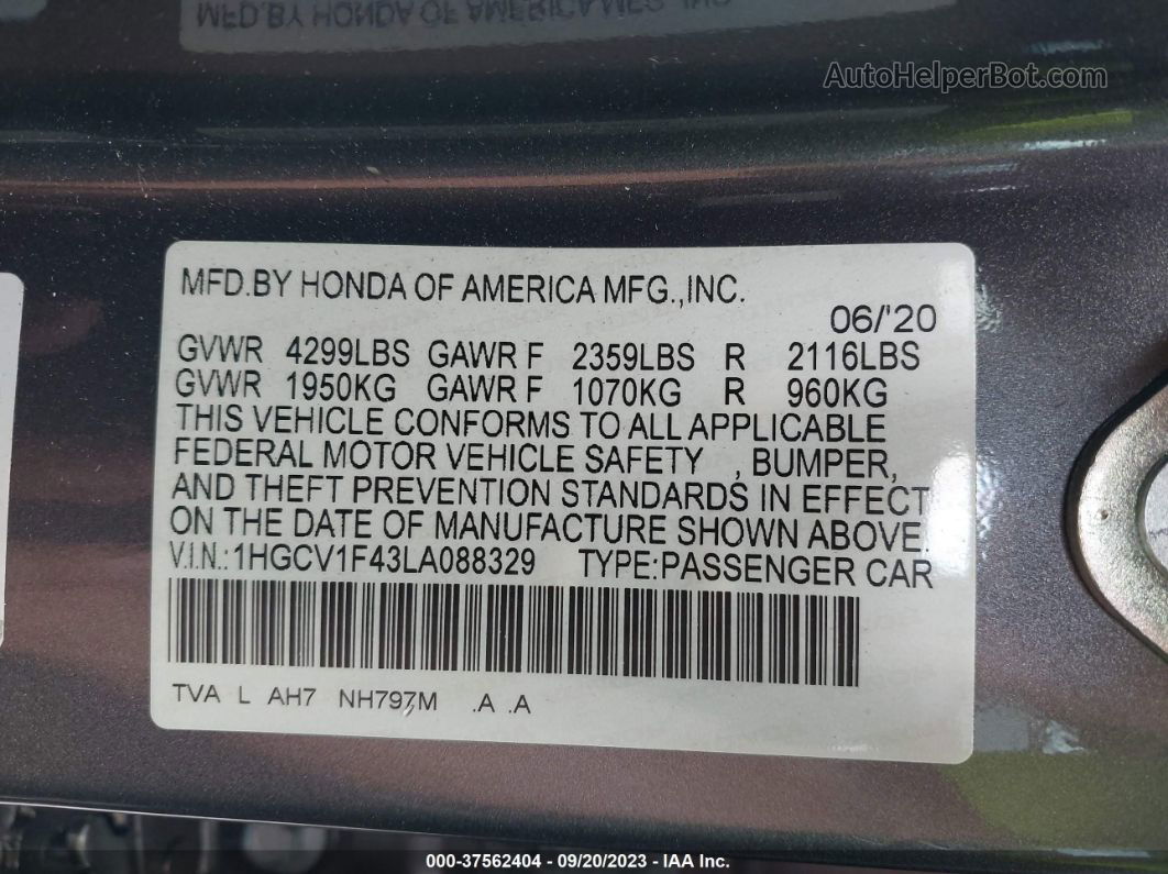 2020 Honda Accord Ex Серый vin: 1HGCV1F43LA088329