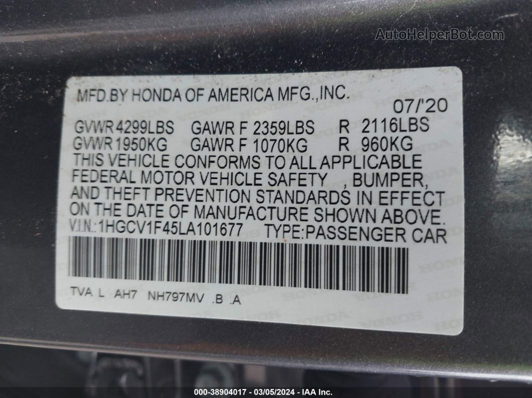 2020 Honda Accord Ex Gray vin: 1HGCV1F45LA101677