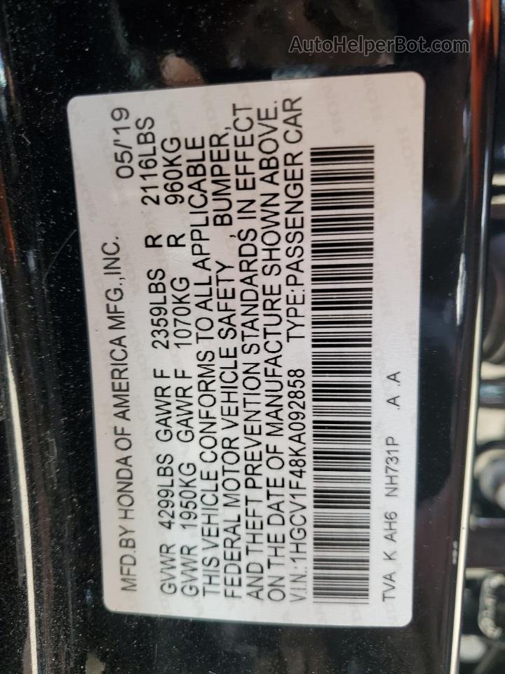2019 Honda Accord Ex Черный vin: 1HGCV1F48KA092858