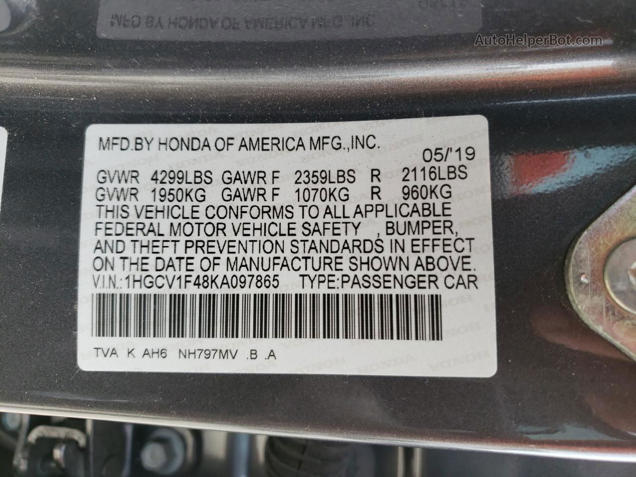 2019 Honda Accord Ex Gray vin: 1HGCV1F48KA097865