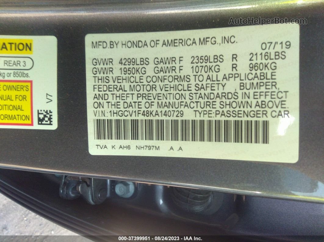 2019 Honda Accord Sedan Ex 1.5t Gray vin: 1HGCV1F48KA140729