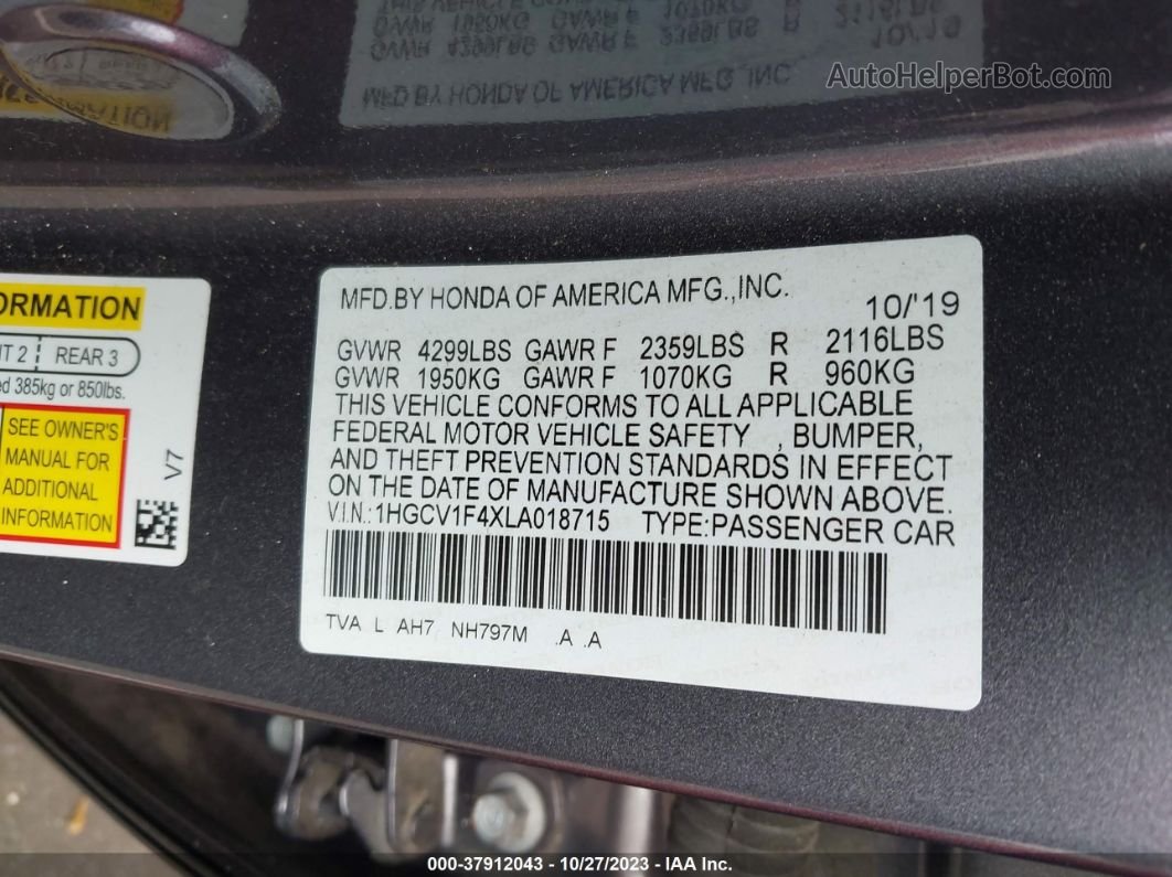 2020 Honda Accord Ex Gray vin: 1HGCV1F4XLA018715
