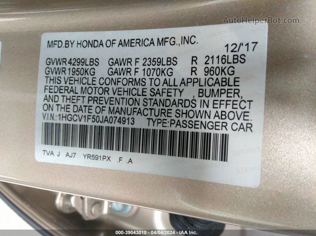 2018 Honda Accord Ex-l Beige vin: 1HGCV1F50JA074913