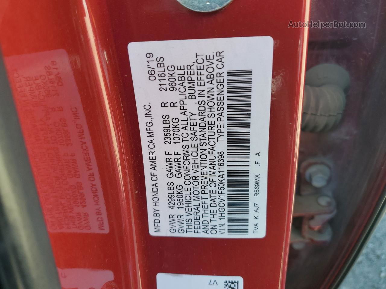 2019 Honda Accord Exl Red vin: 1HGCV1F50KA116398