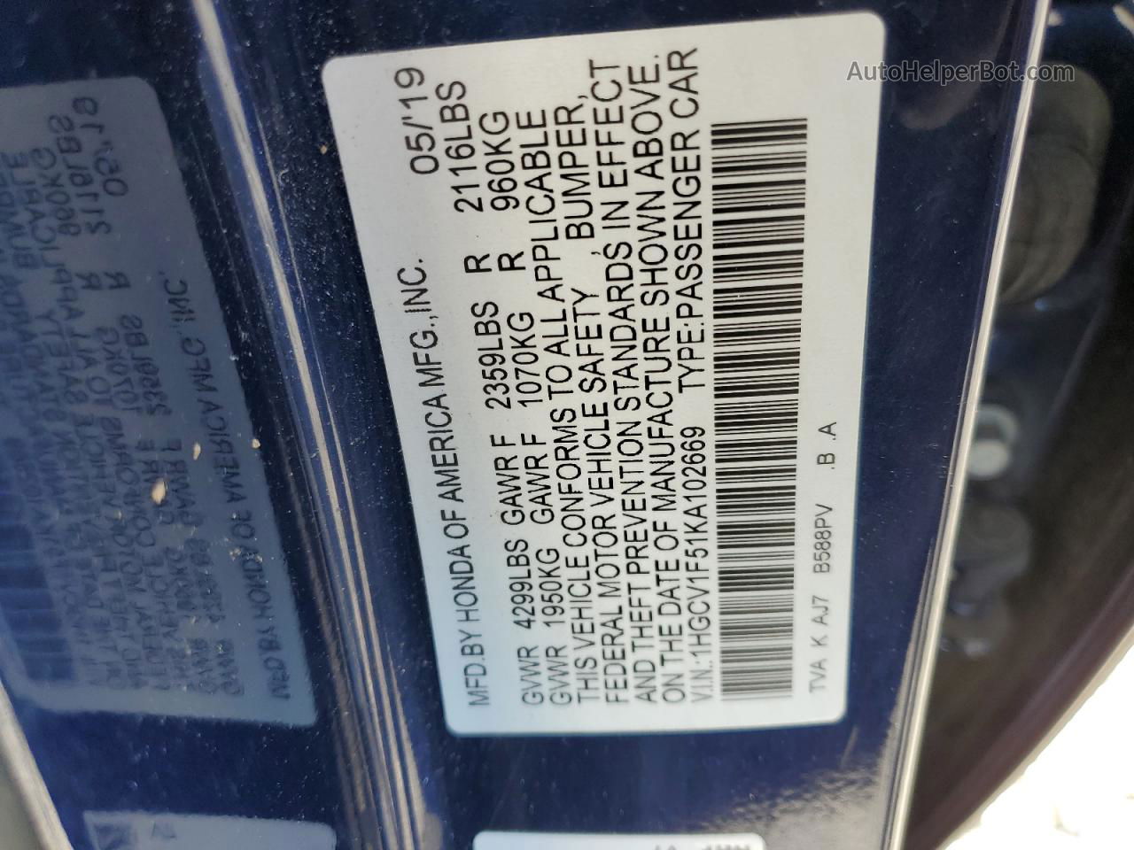 2019 Honda Accord Exl Blue vin: 1HGCV1F51KA102669