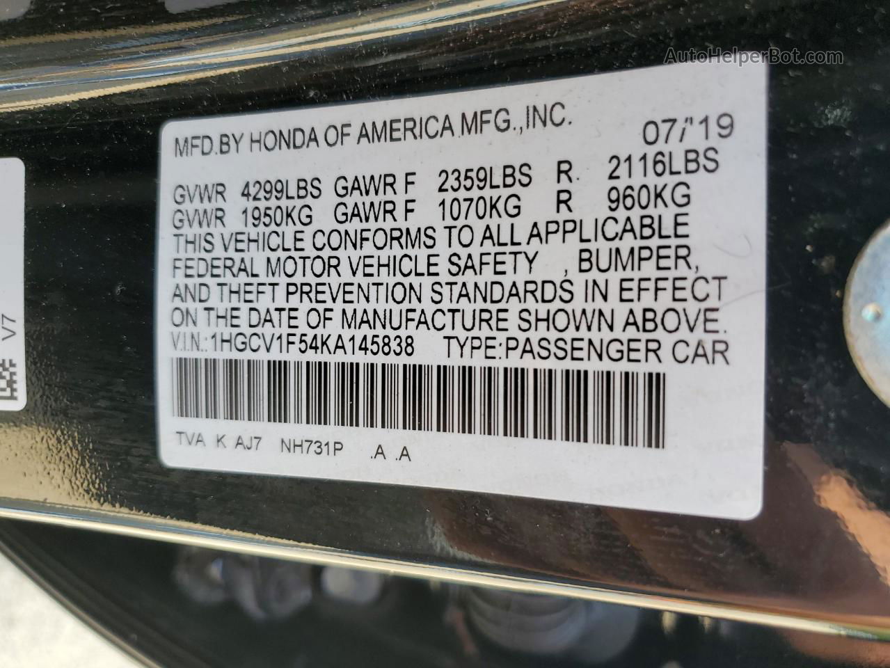 2019 Honda Accord Exl Black vin: 1HGCV1F54KA145838