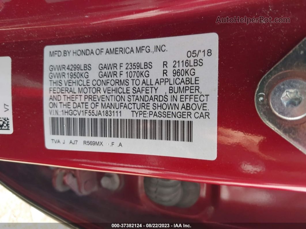 2018 Honda Accord Sedan Ex-l 1.5t Red vin: 1HGCV1F55JA183111