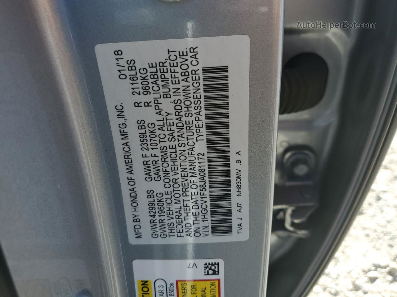 2018 Honda Accord Exl Silver vin: 1HGCV1F58JA081172