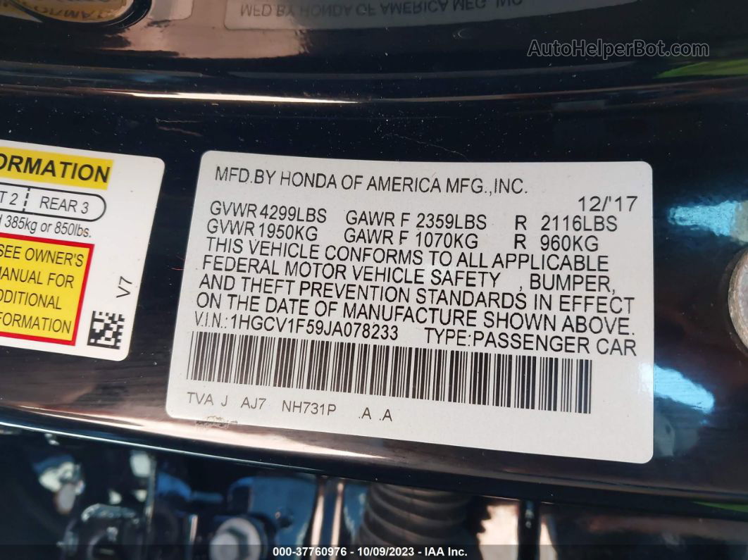 2018 Honda Accord Sedan Ex-l 1.5t Черный vin: 1HGCV1F59JA078233